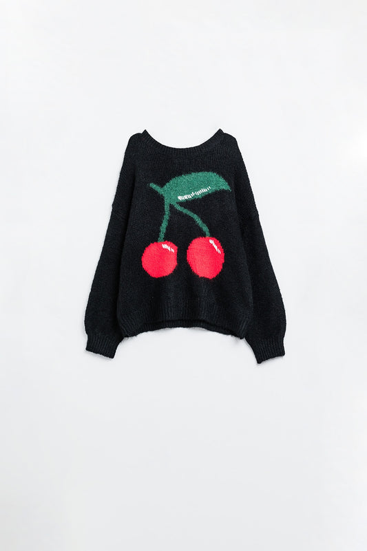 Q2 maglione nero con stampa di ciliegie