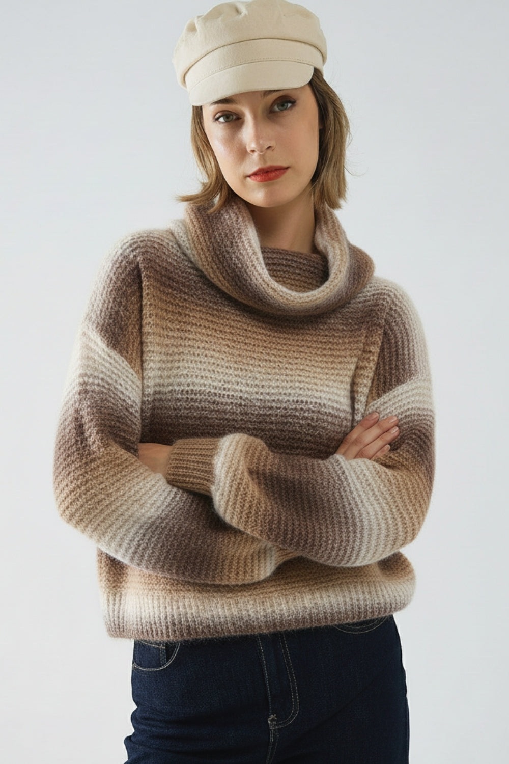 Maglione oversize a collo alto Comfy in marrone e beige