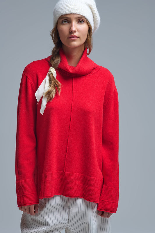 Q2 Maglione oversize con scollo a rotolo in rosso