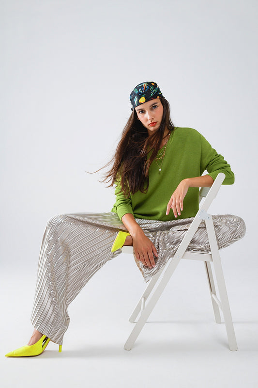 Q2 Maglione oversize girocollo a maniche lunghe in verde oliva