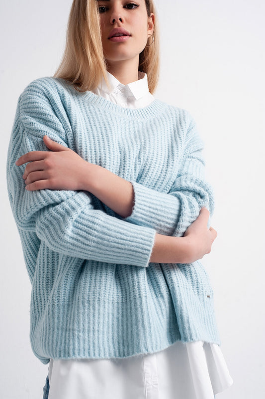 Q2 Maglione oversize turchese in maglia a coste inglesi