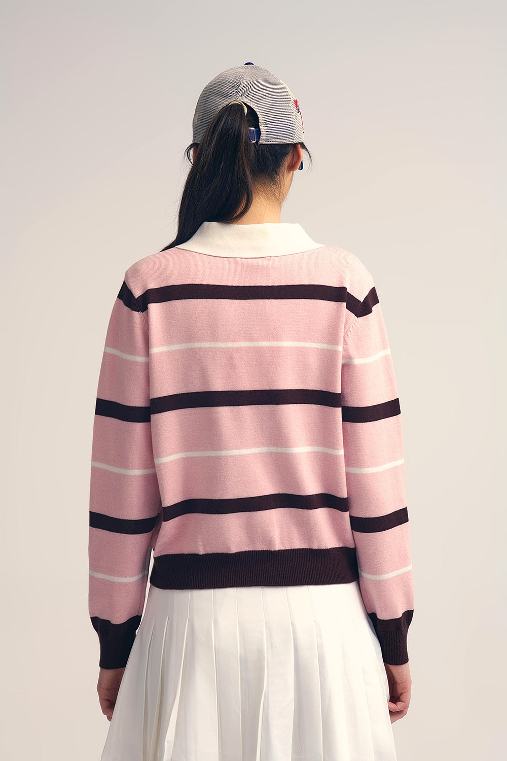 Maglione Polo a righe in rosa con colletto bianco