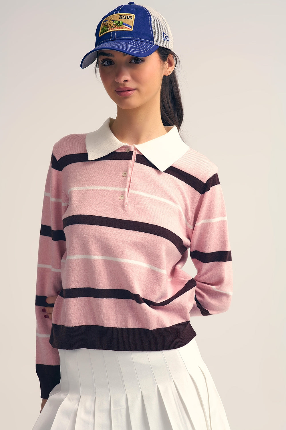 Maglione Polo a righe in rosa con colletto bianco