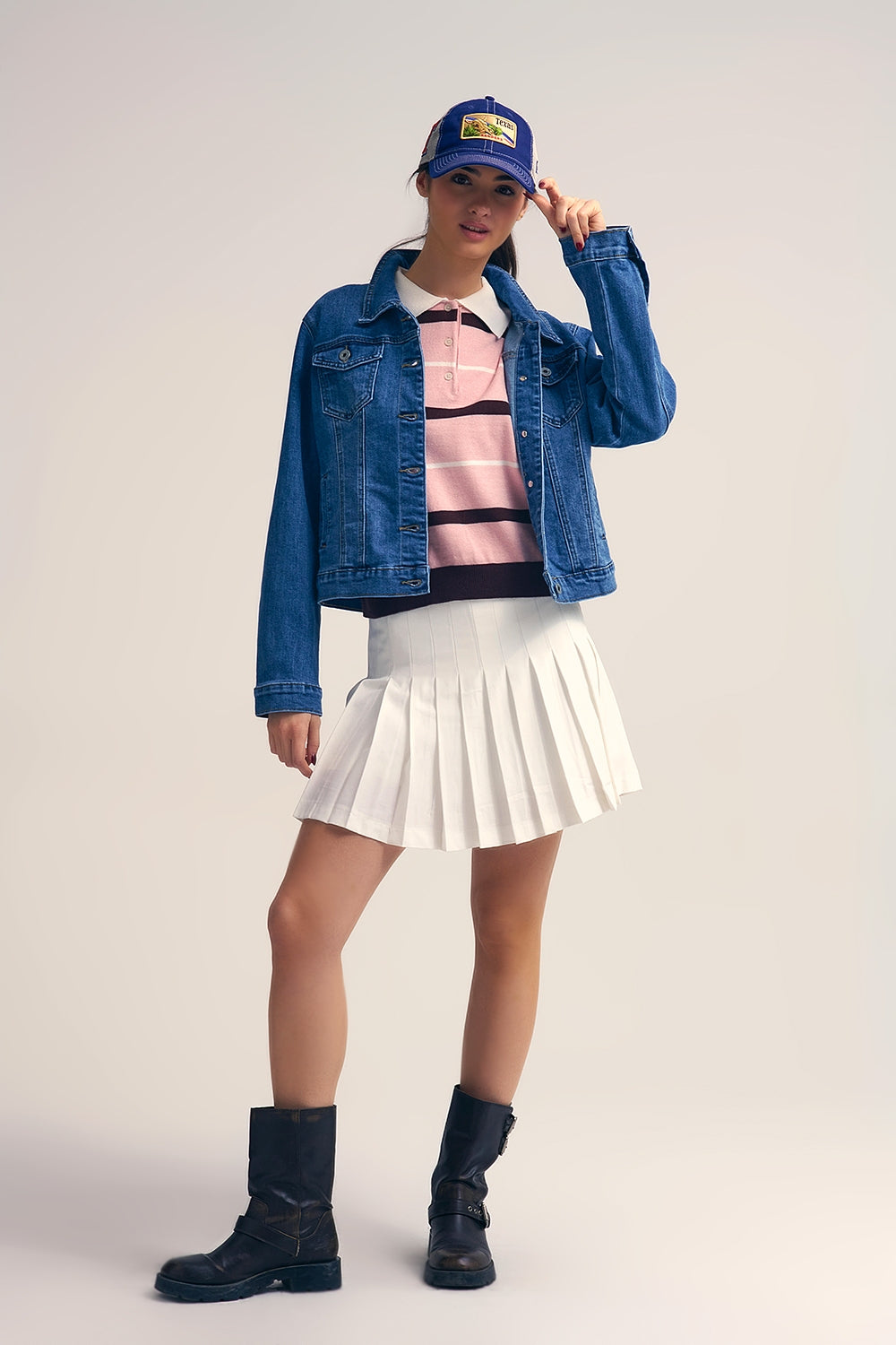 Maglione Polo a righe in rosa con colletto bianco