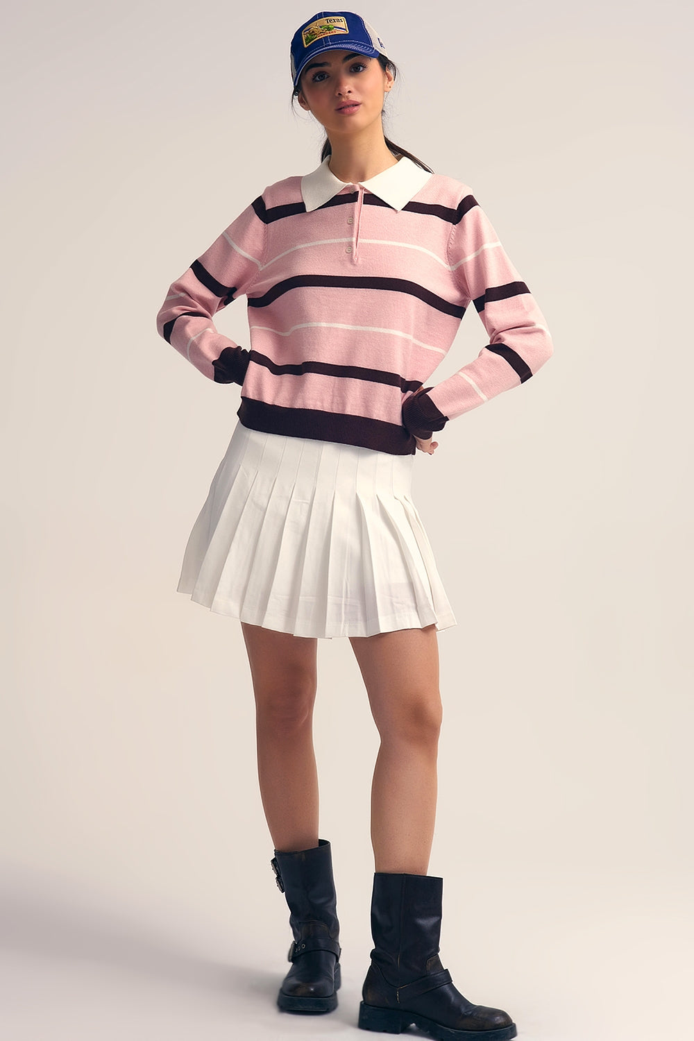 Maglione Polo a righe in rosa con colletto bianco