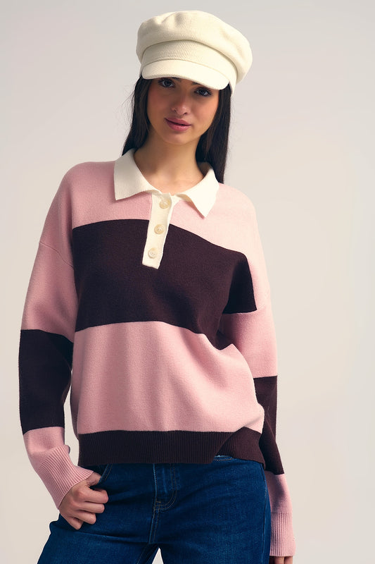 Q2 Maglione polo in maglia rosa con strisce marroni