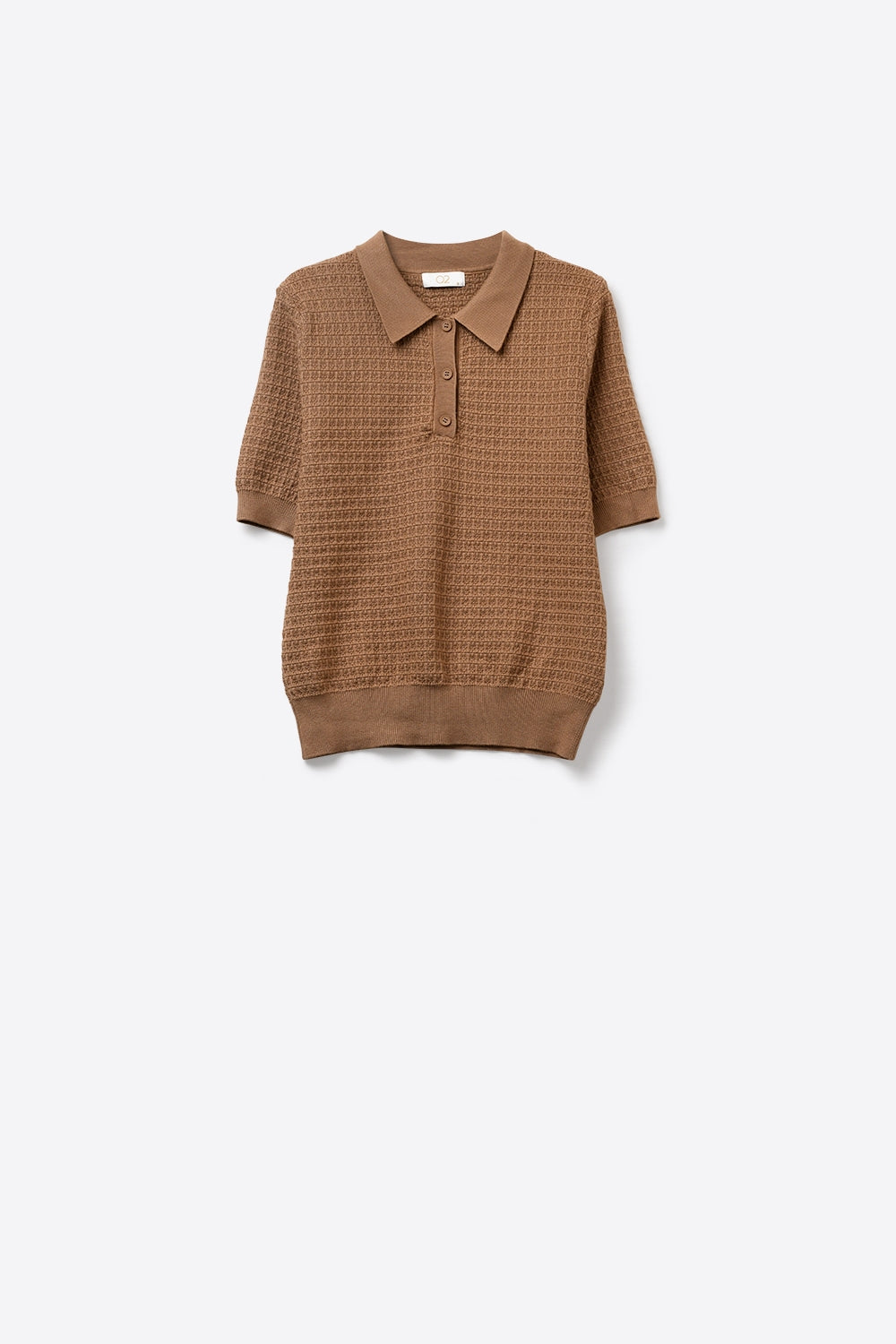 Maglione polo in maglia testurizzata con maniche corte in cammello