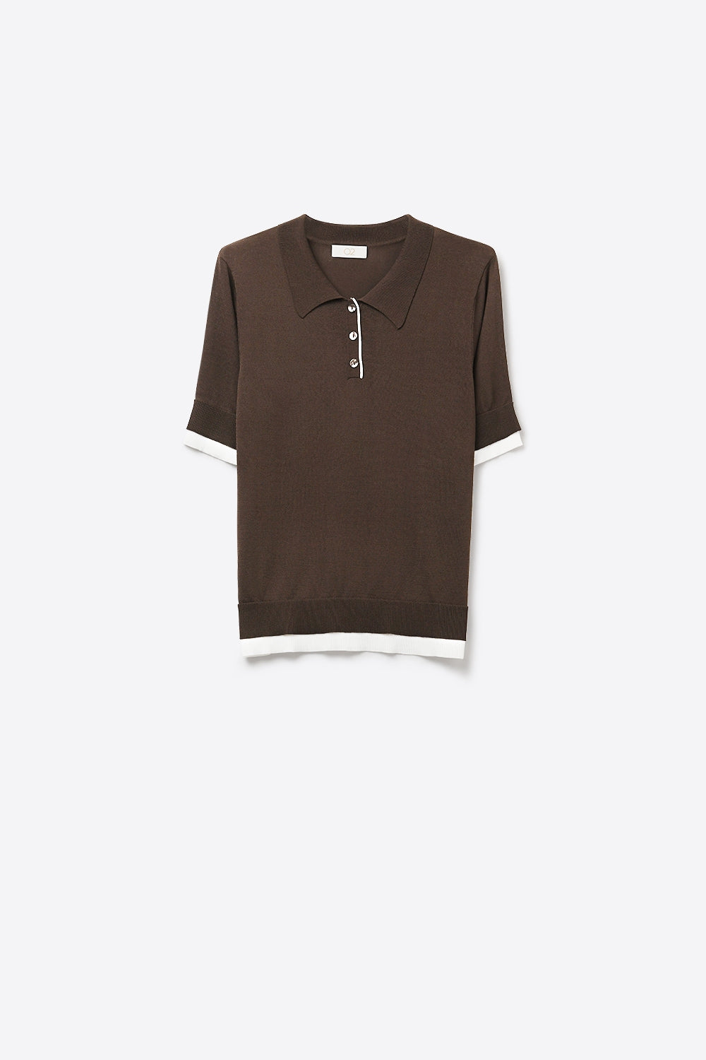 Q2 Maglione polo marrone a maniche corte con finiture a contrasto