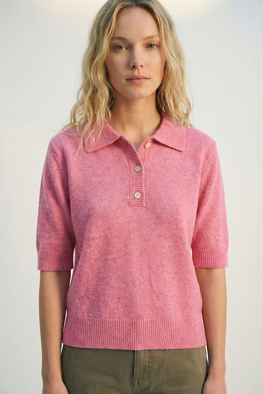 Q2 Maglione polo rosa a maglia morbida e soffice