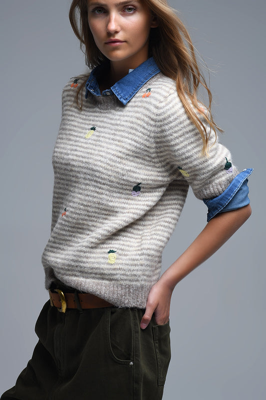 Q2 Maglione ricamato a maniche corte a righe beige