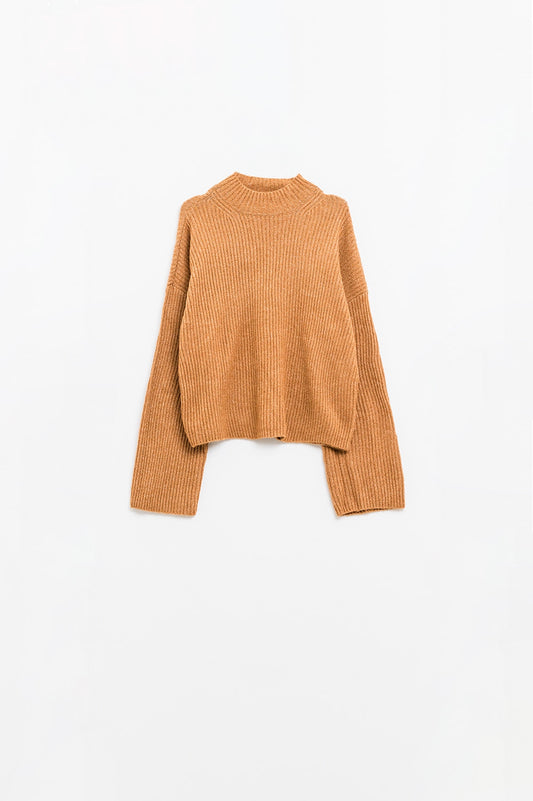 maglione rilassato a collo alto a coste color cammello