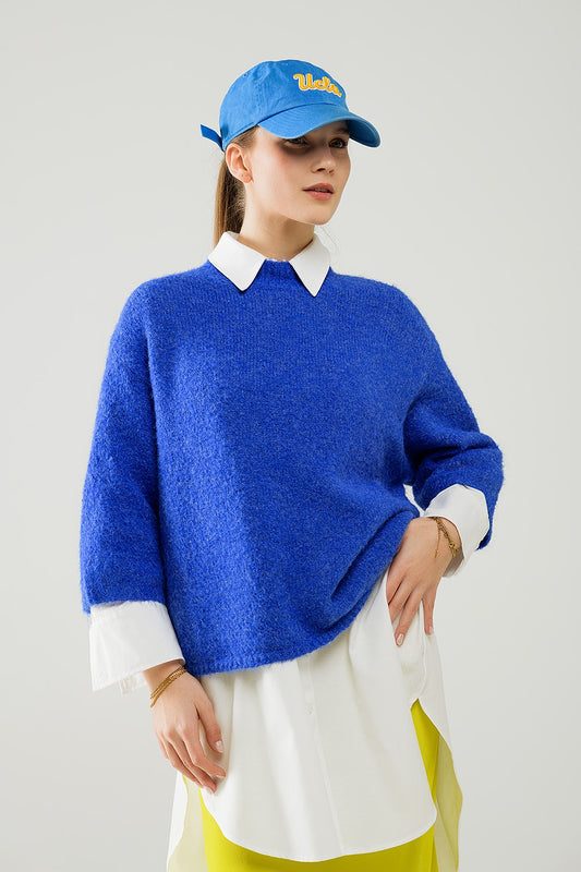 Q2 Maglione rilassato con manica alla francese e girocollo in blu inchiostro