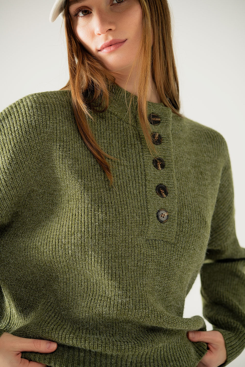 Maglione rilassato con mezzo bottone in verde