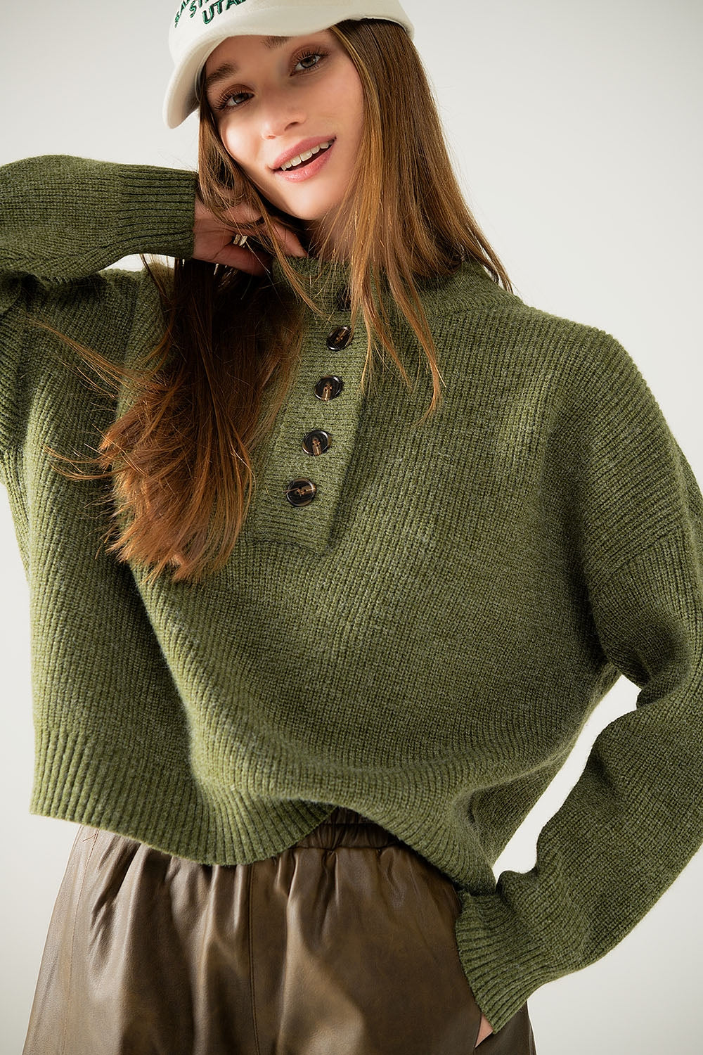 Maglione rilassato con mezzo bottone in verde