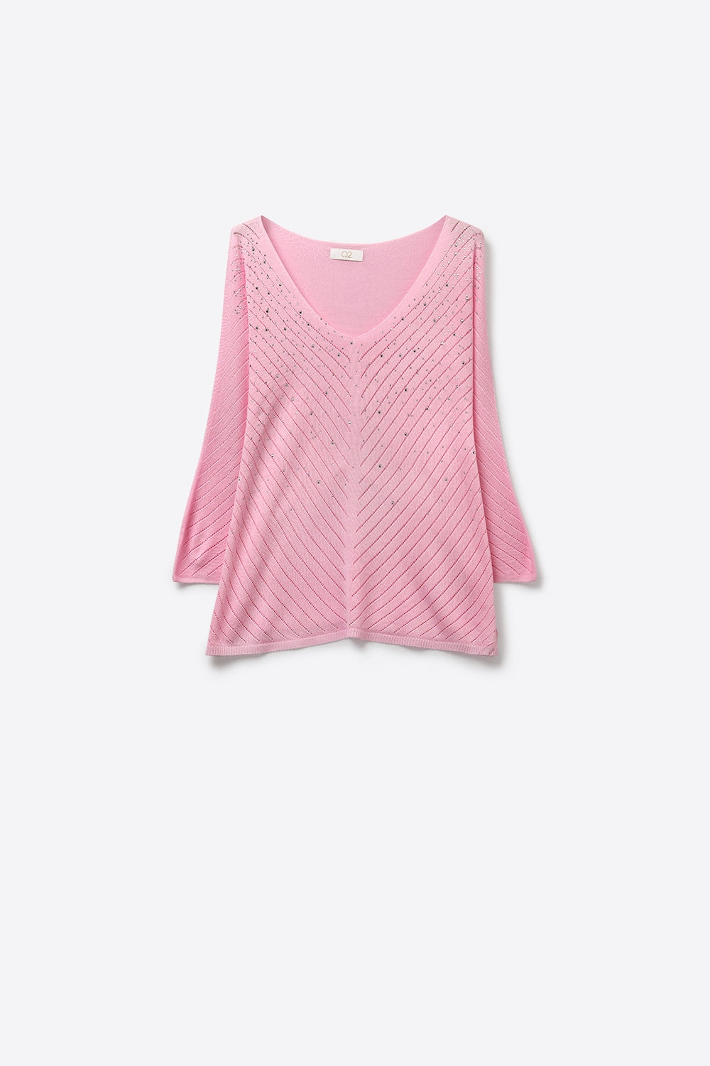 Q2 Maglione rosa in maglia leggera con scollo a V e dettaglio di perline