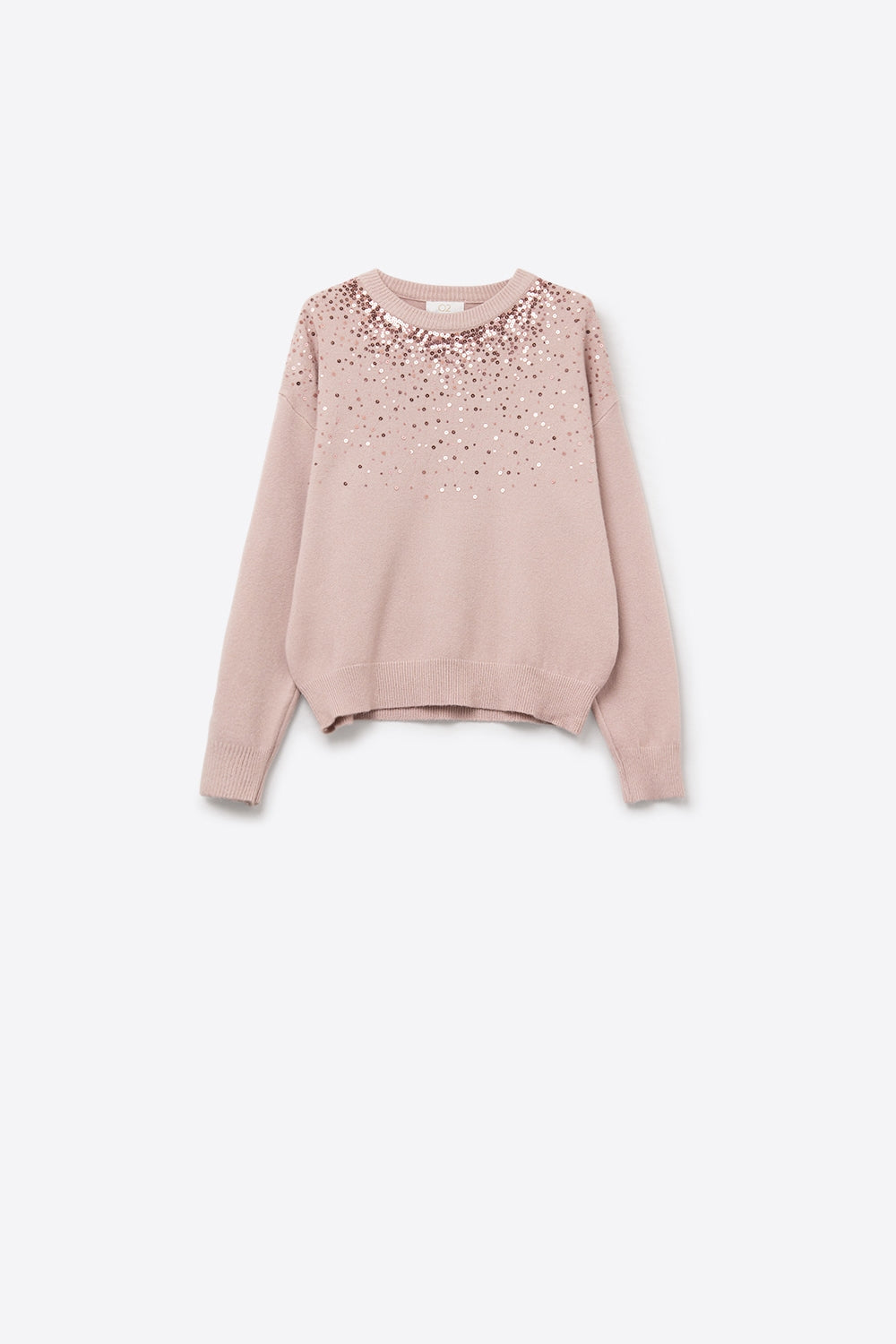 Q2 Maglione rosa in maglia morbida impreziosito da paillettes sul davanti