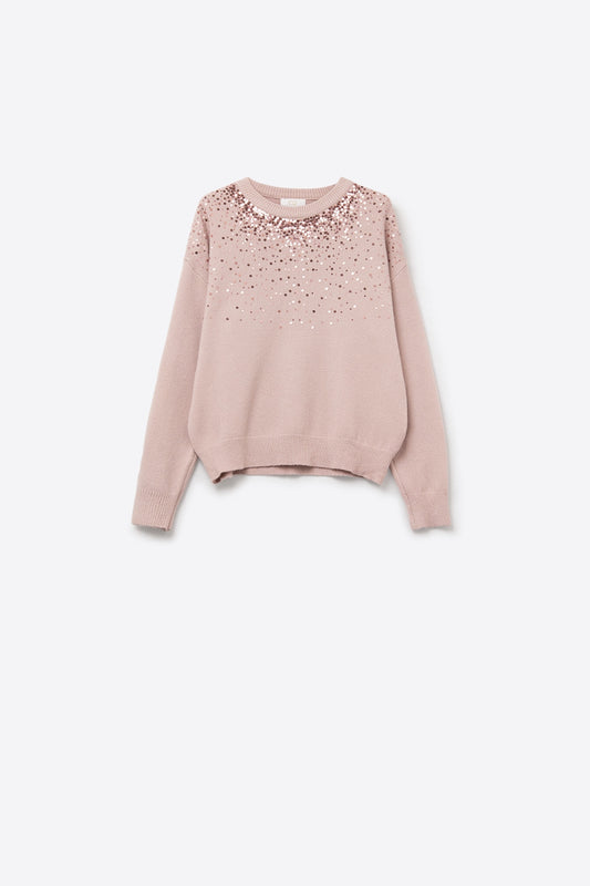 Q2 Maglione rosa in maglia morbida impreziosito da paillettes sul davanti
