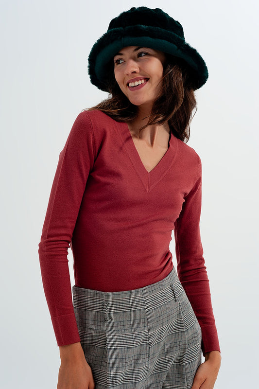 Q2 Maglione ruggine con scollo a V