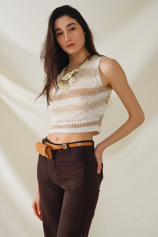 Q2 Maglione senza maniche a righe e girocollo in maglia Tints of Beige