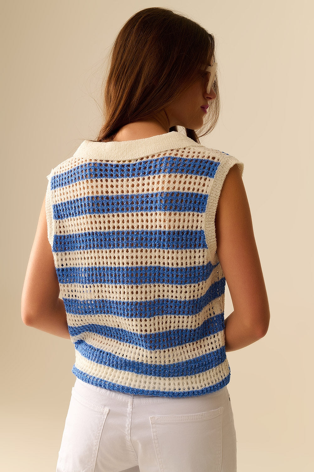 maglione senza maniche a righe in maglia aperta