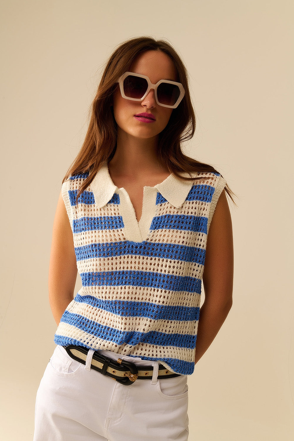 maglione senza maniche a righe in maglia aperta