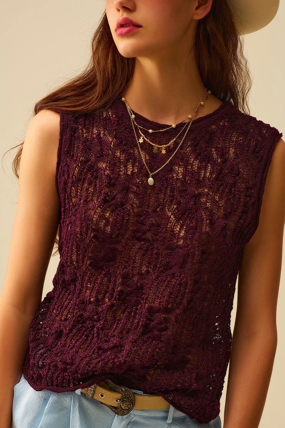 Maglione senza maniche all'uncinetto viola borgogna