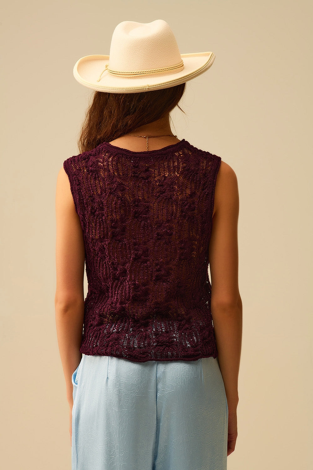 Maglione senza maniche all'uncinetto viola borgogna