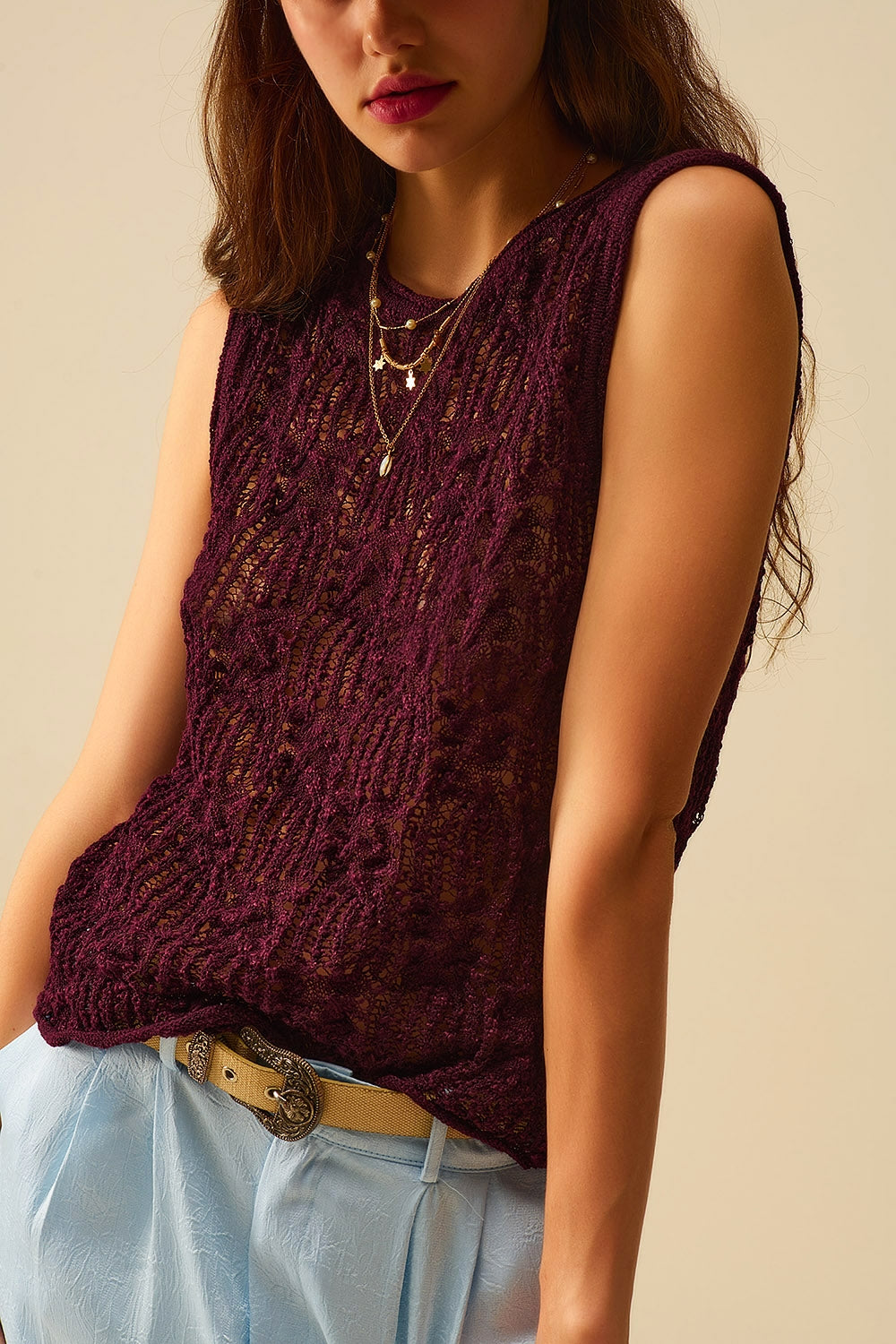 Maglione senza maniche all'uncinetto viola borgogna