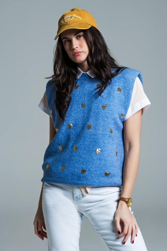 Q2 Maglione senza maniche blu con cuori di paillettes argentate
