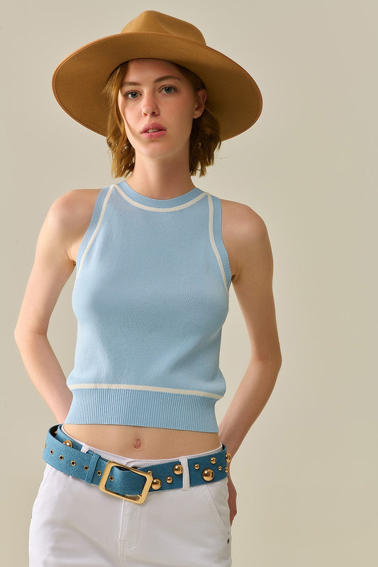 Q2 Maglione Senza Maniche Blu con Dettaglio a Righe Bianche