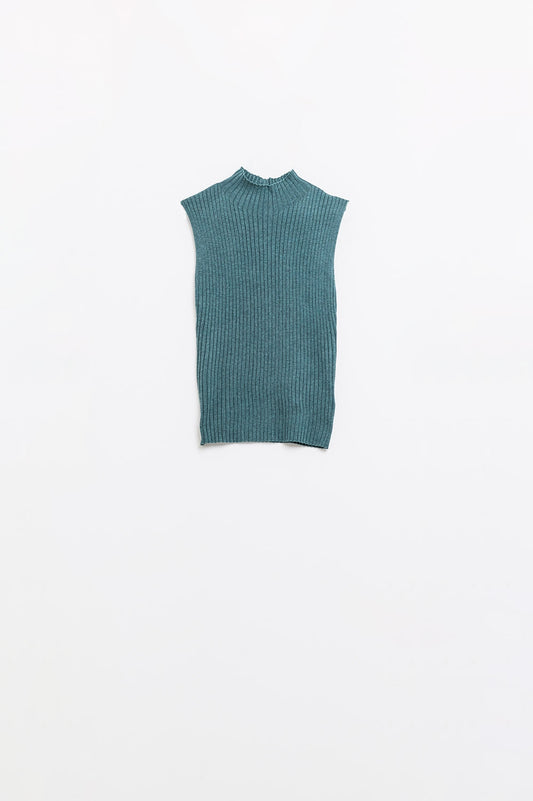 Q2 Maglione senza maniche in lana a maglia fine di colore verde