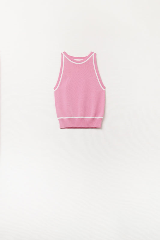 Q2 Maglione Senza Maniche Rosa con Dettagli a Righe Bianche