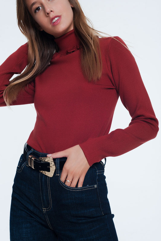 Q2 Maglione slim arancione a coste con volant sul collo