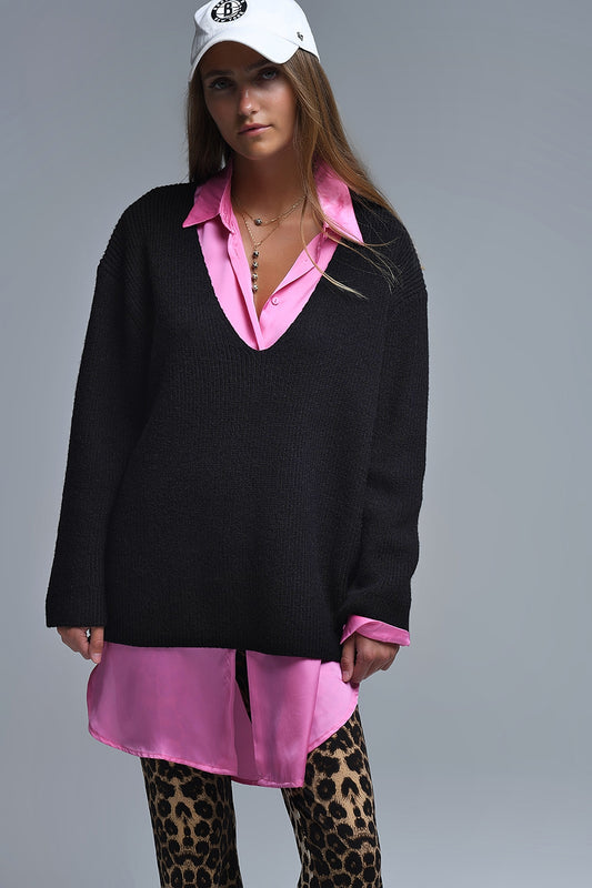 Q2 Maglione sottile super oversize con scollo a V in nero
