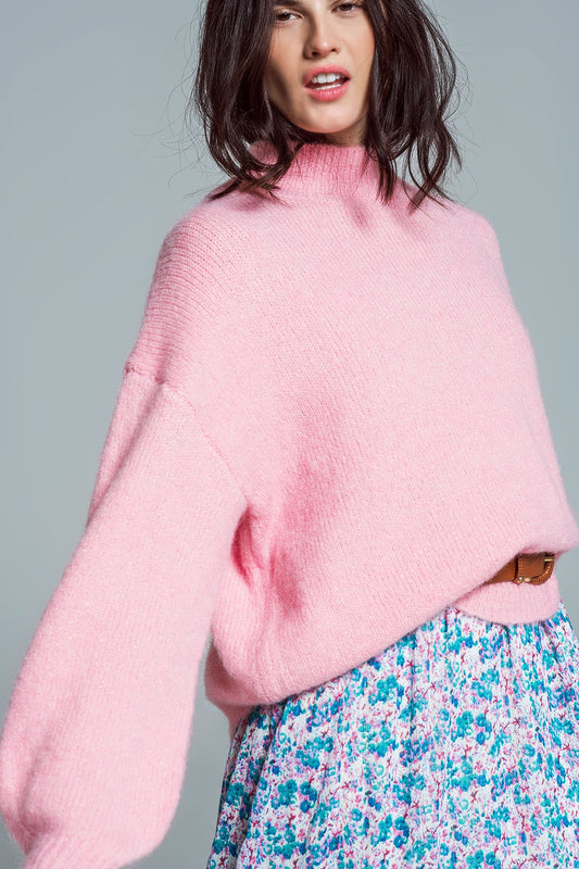 Maglione super oversize con collo alto e maniche a palloncino in rosa