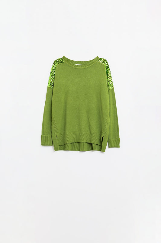 Q2 Maglione verde a maniche lunghe con paillettes sulle spalle