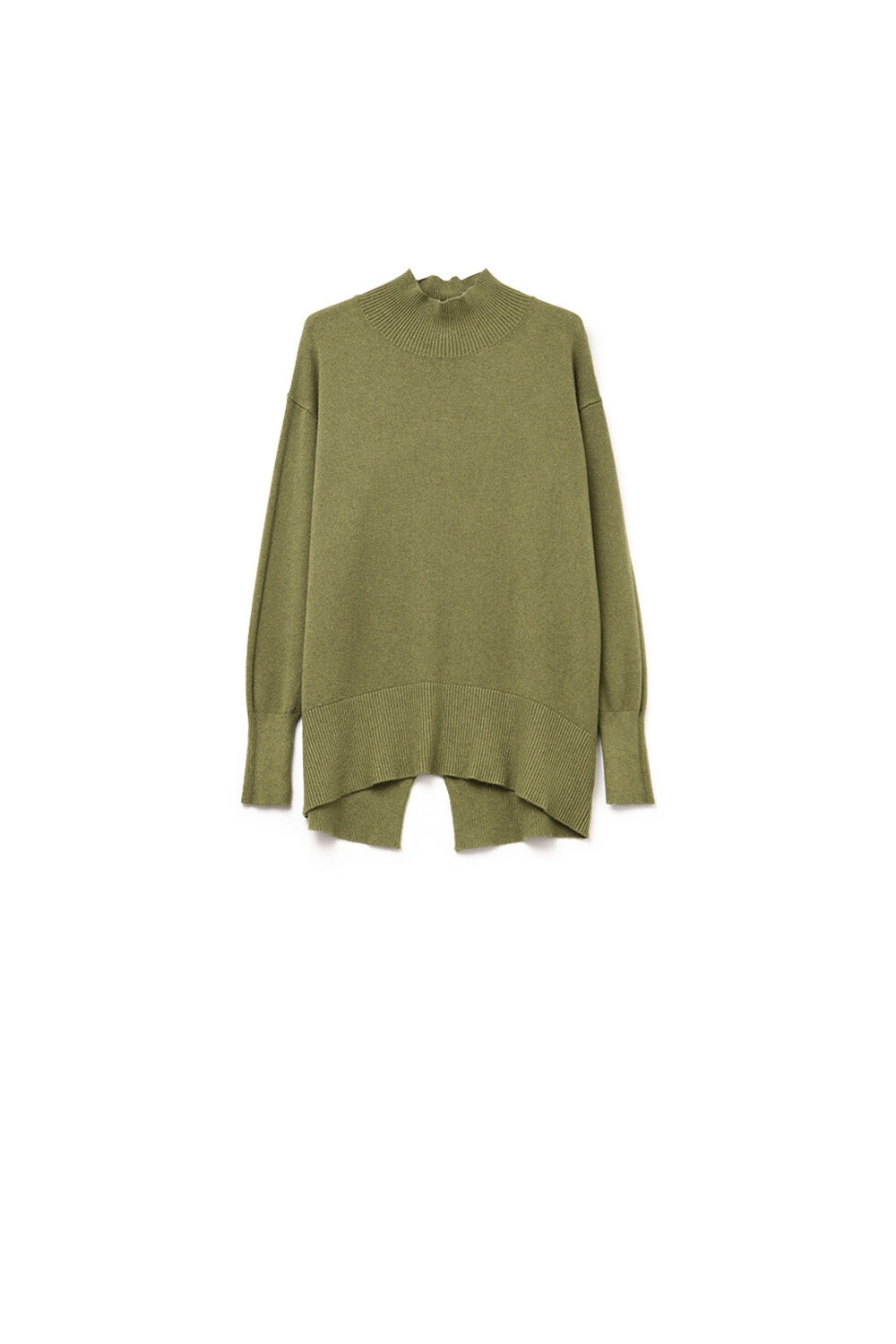 Q2 Maglione verde militare con dettaglio aperto sulla schiena