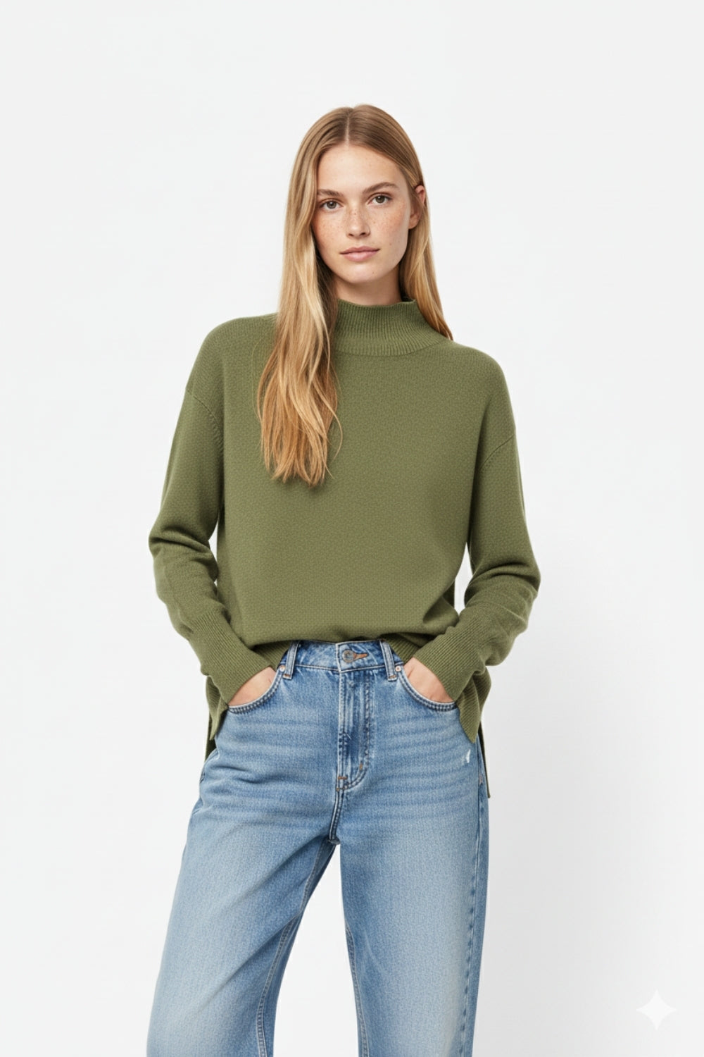 Maglione verde militare con dettaglio aperto sulla schiena