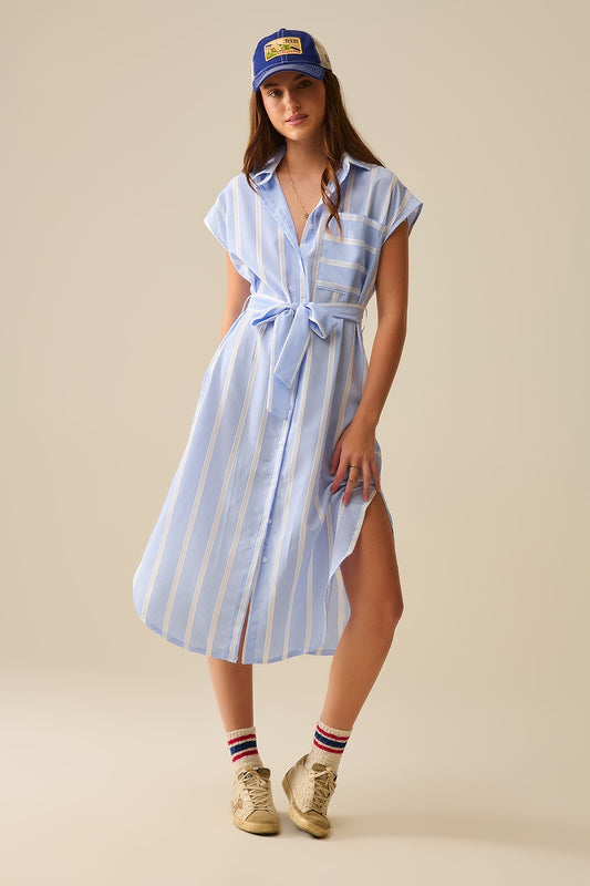 Q2 Maxi abito a camicia senza maniche a righe bianche e blu