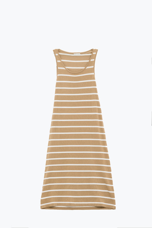Q2 Maxi abito a canotta con scollo rotondo in beige con strisce bianche