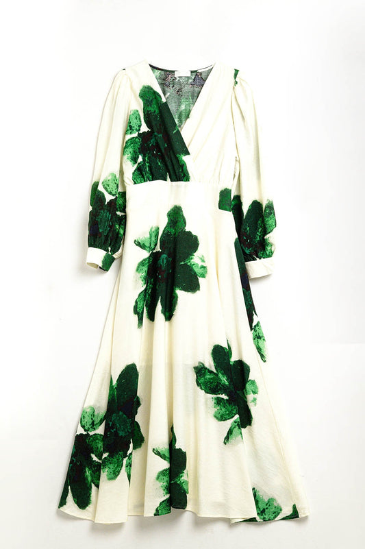 Q2 Maxi abito avvolgente beige con stampa floreale tropicale verde e maniche lunghe