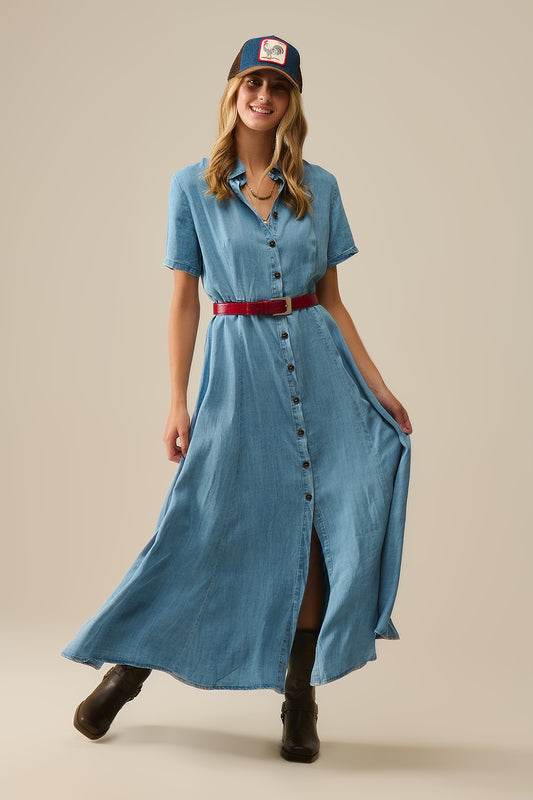 Q2 Maxi abito azzurro con bottoni in tessuto Tencel