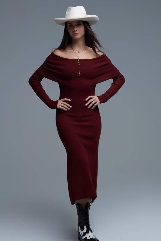 Q2 Maxi abito Bardot in maglia larga in bordeaux