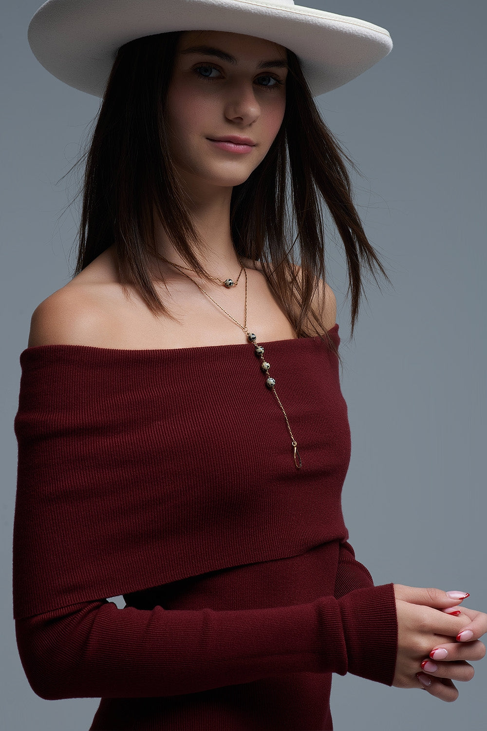 Maxi abito Bardot in maglia larga in bordeaux