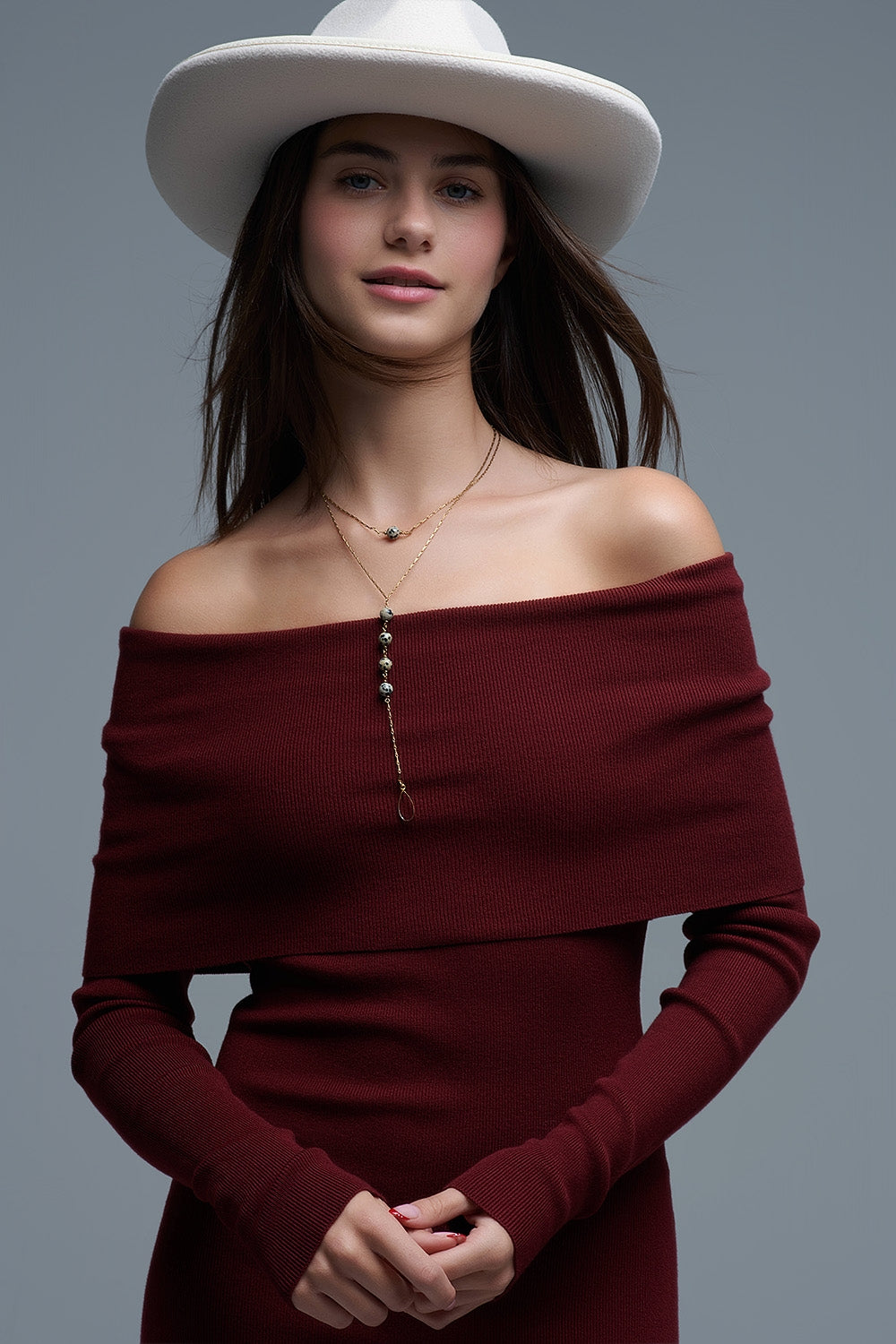 Maxi abito Bardot in maglia larga in bordeaux