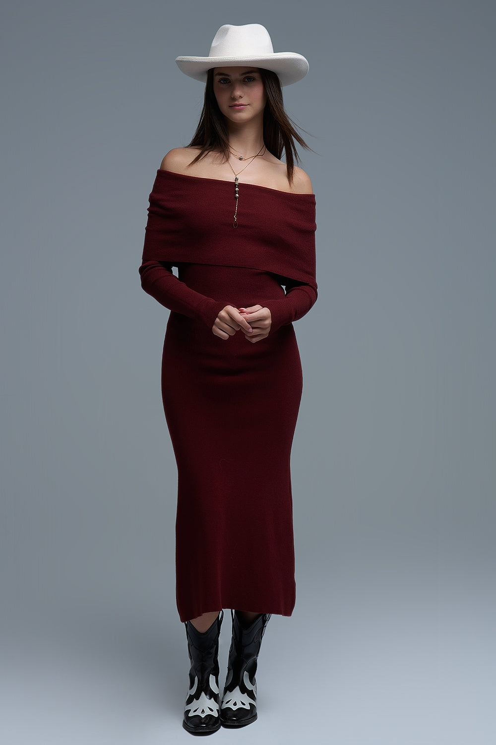 Maxi abito Bardot in maglia larga in bordeaux