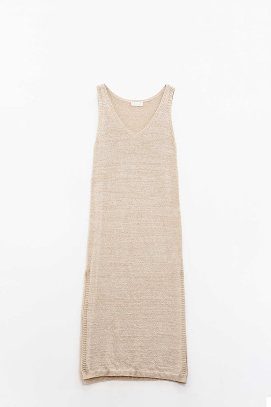 Q2 Maxi abito beige senza maniche con spacco laterale