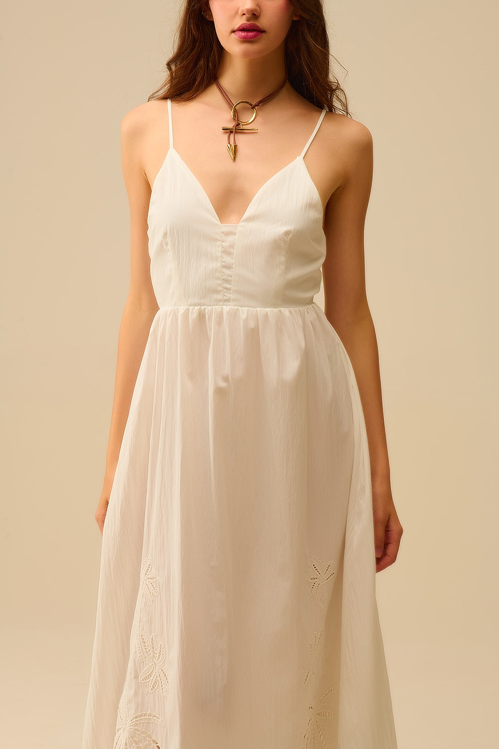 Maxi abito bianco con palme ricamate