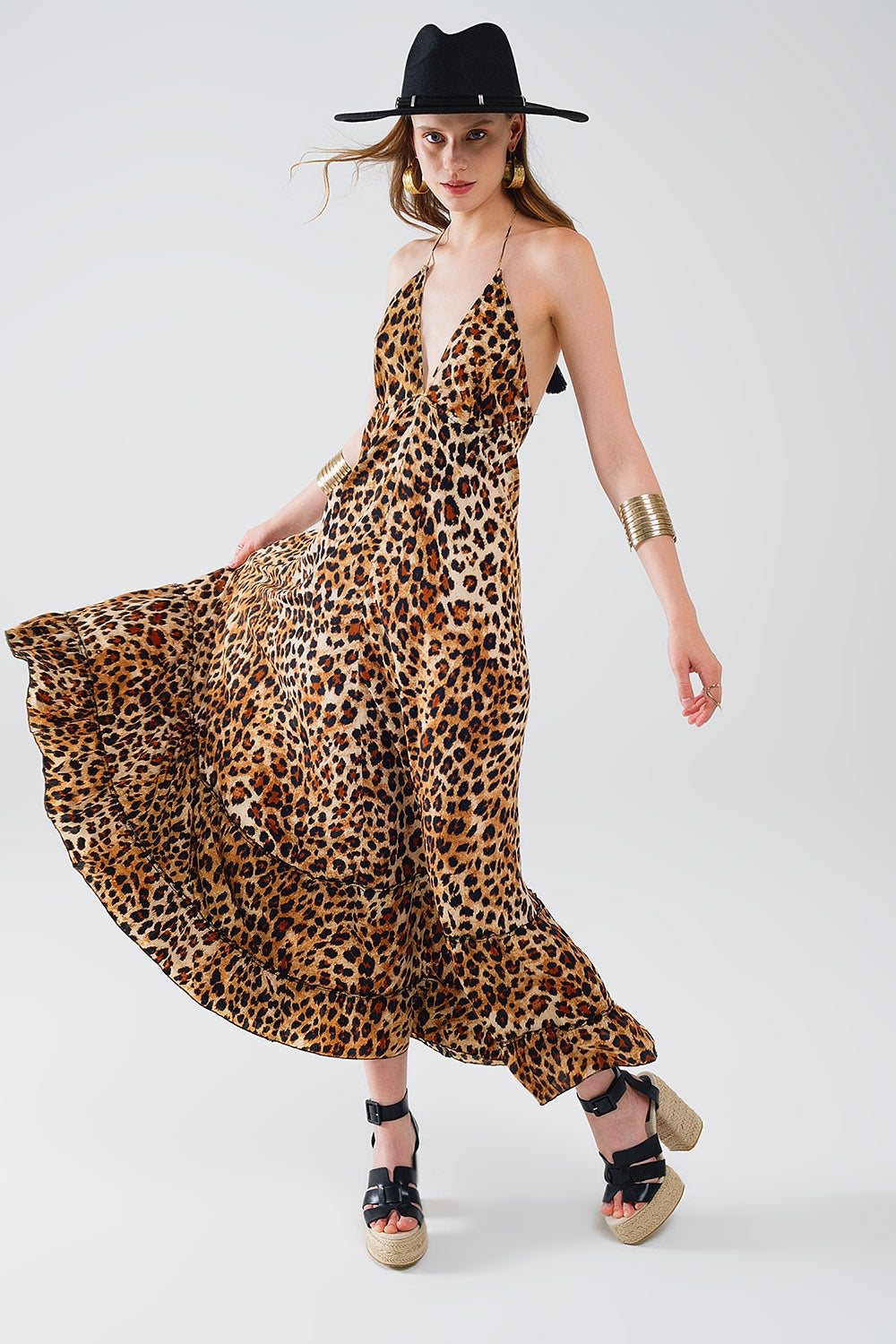 maxi abito boho con stampa leopardata e schiena scoperta