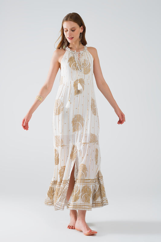 Q2 maxi abito boho in chiffon con stampa floreale oro